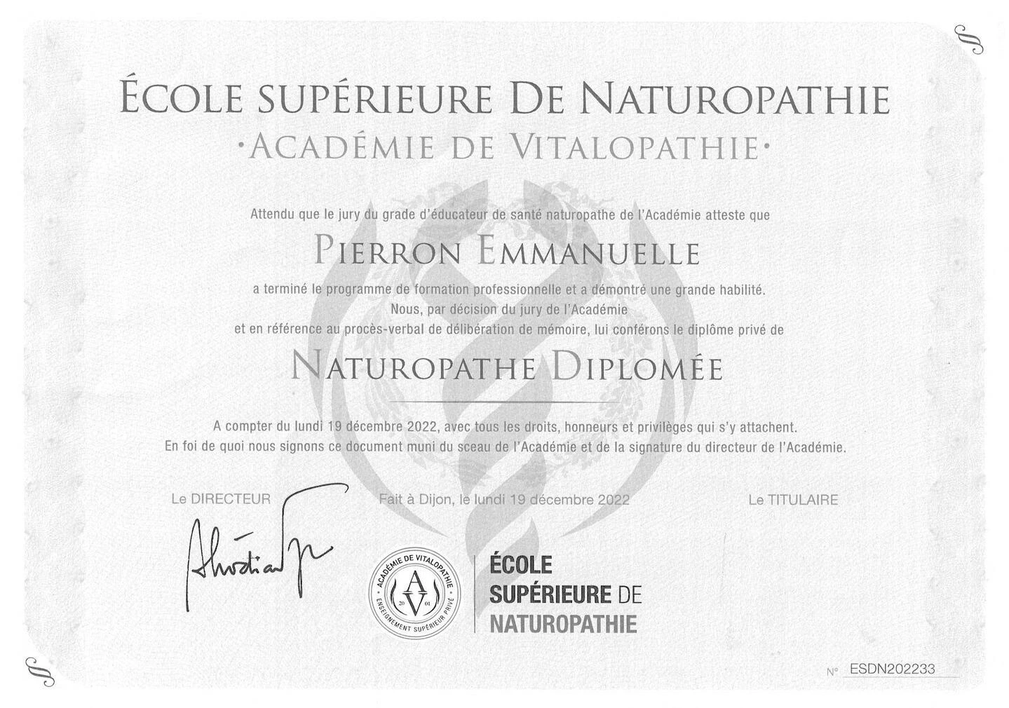 Diplôme de Naturopathe d'Emmanuelle Pierron